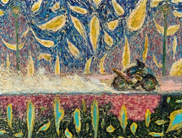 Malerei mit dem Titel "BIKER IN THE STARRY…" von Lautir, Original-Kunstwerk, Öl