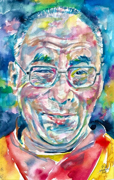 Painting titled "14th DALAI LAMA - T…" by Lautir, Original Artwork, Watercolor