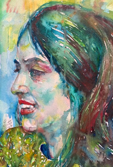 Painting titled "JOAN BAEZ" by Lautir, Original Artwork, Watercolor