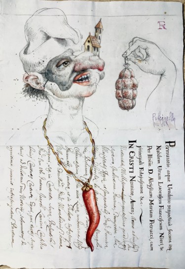 Pittura intitolato "pulcinella" da Fabrizio Riccardi, Opera d'arte originale, Acquarello