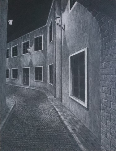 Zeichnungen mit dem Titel "ruelle la nuit" von Fabien Bochard, Original-Kunstwerk, Pastell