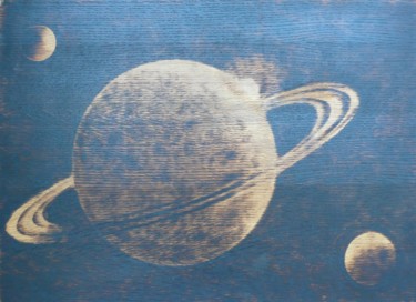 Drawing titled "planète aux anneaux" by Fabien Bochard, Original Artwork, Wood Mounted on Wood Panel