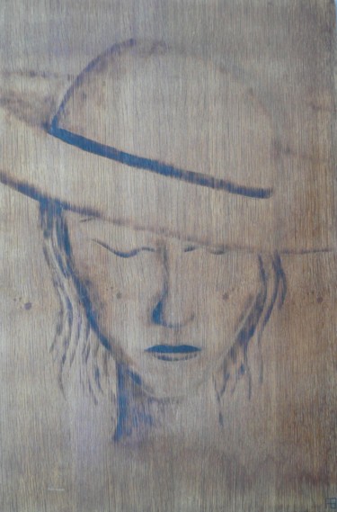 Drawing titled "Femme au chapeau" by Fabien Bochard, Original Artwork, Wood Mounted on Wood Panel