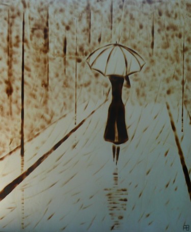 Drawing titled "Un jour de pluie" by Fabien Bochard, Original Artwork, Wood Mounted on Wood Panel
