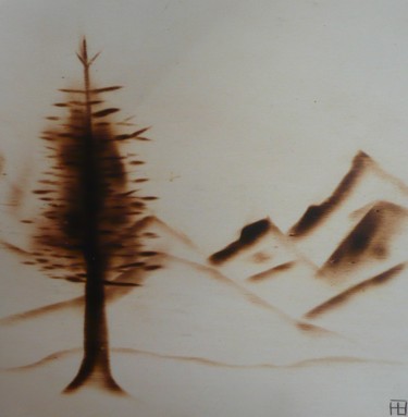 Drawing titled "montagne" by Fabien Bochard, Original Artwork, Wood Mounted on Wood Panel