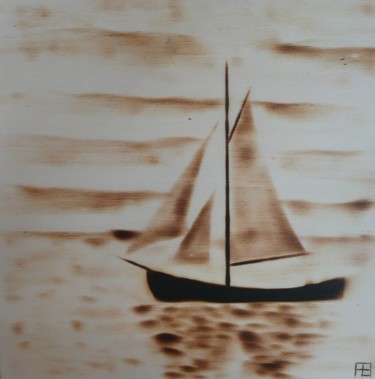 Drawing titled "voilier sur lac" by Fabien Bochard, Original Artwork, Wood Mounted on Wood Panel