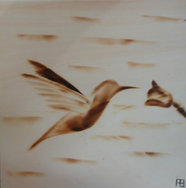 Drawing titled "colibri en vol" by Fabien Bochard, Original Artwork, Wood Mounted on Wood Panel