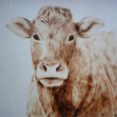 Zeichnungen mit dem Titel "Vache" von Fabien Bochard, Original-Kunstwerk, Holz Auf Holzplatte montiert