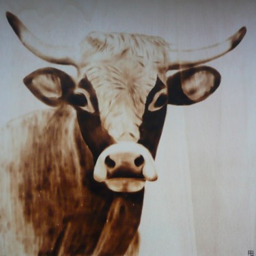 Dessin intitulée "Vache aubrac" par Fabien Bochard, Œuvre d'art originale, Bois Monté sur Panneau de bois
