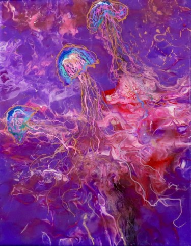 Pintura intitulada "3 Jellyfish Swimming" por Connie Rogers, Obras de arte originais, Acrílico