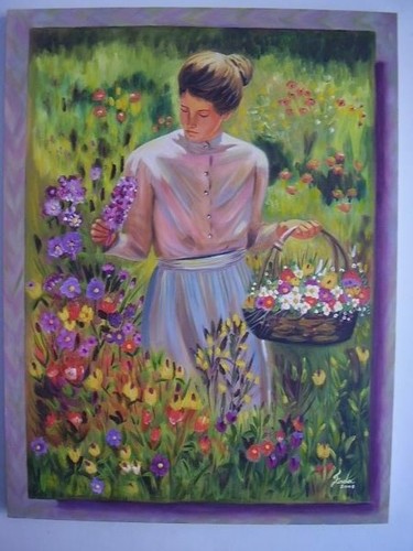 Painting titled ""Colhendo Flores"" by Fada Fadul, Original Artwork, Oil