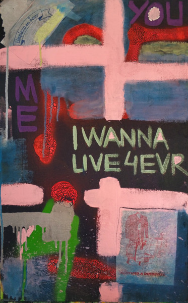 Collages getiteld "I WANNA LIVE 4 EVR" door Fake Art, Origineel Kunstwerk, Glazuur