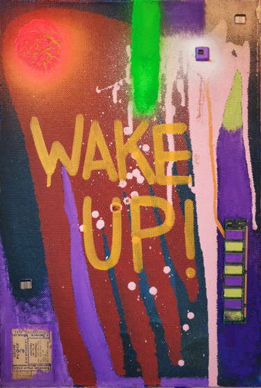 Collages getiteld "WAKE UP!" door Fake Art, Origineel Kunstwerk, Glazuur