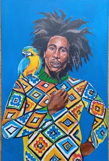 Malerei mit dem Titel "Bob Marley" von Mokodu Fall, Original-Kunstwerk, Acryl