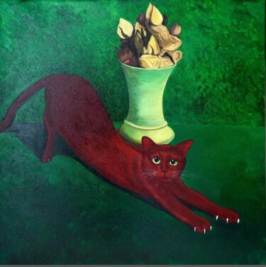 Painting titled "Cat by the Vase" by Fan, Original Artwork, Acrylic