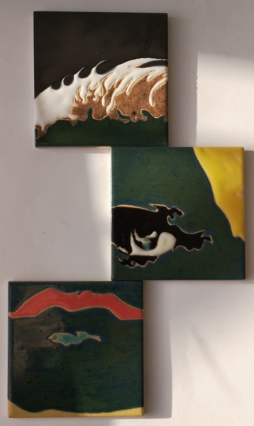 Triptyque carreaux en céramique "Visage Vert" Peinture intitulée "Triptyque carreaux…" par Fanche Le Reste, Œuvre d'art originale, Céramique Monté sur Autre panneau rigide