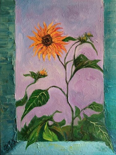 Painting titled "Sunflowers outside…" by Fangyuan Zhang, Original Artwork, Tempera