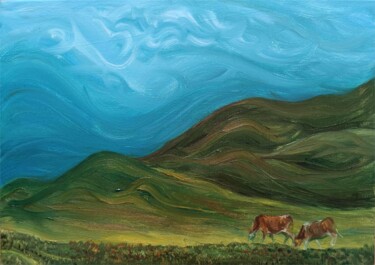 Картина под названием "A peaceful grassland" - Fangyuan Zhang, Подлинное произведение искусства, Масло