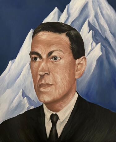 Painting titled "H.P. Lovecraft" by Fanny Houillon, Original Artwork, Oil Mounted on Wood Stretcher frame