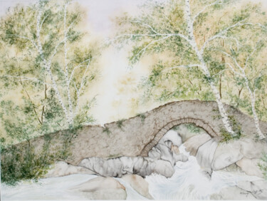 Painting titled "EAUX VIVES" by Fanny Laffitte, Original Artwork, Watercolor Mounted on Wood Stretcher frame