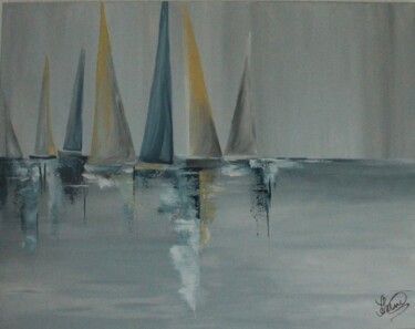 Painting titled "Bateaux sur mer cal…" by Fanny Lemarquier, Original Artwork, Acrylic Mounted on Wood Stretcher frame