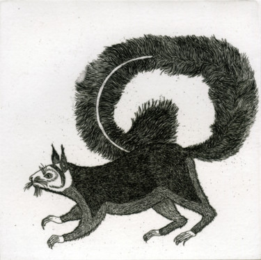 Gravures & estampes intitulée "L'écureuil" par Bueb Fanny, Œuvre d'art originale, Eau-forte Monté sur Carton