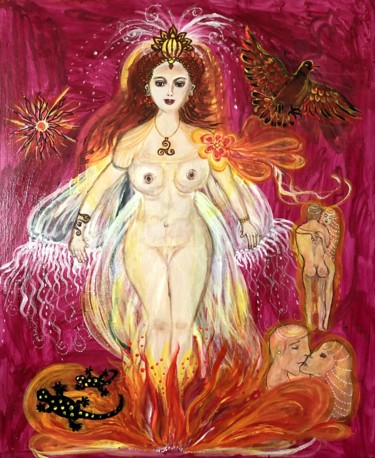 Schilderij getiteld "Die Göttin des Feue…" door Annemarie Stelzer, Origineel Kunstwerk, Acryl