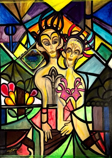Malerei mit dem Titel "Gläserne Menschen" von Annemarie Stelzer, Original-Kunstwerk, Tempera
