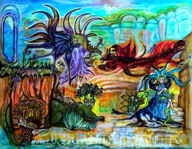 Malerei mit dem Titel "Die Dracheninsel" von Annemarie Stelzer, Original-Kunstwerk, Tempera