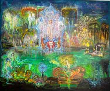 Malerei mit dem Titel "Der See von Avalon" von Annemarie Stelzer, Original-Kunstwerk, Tempera