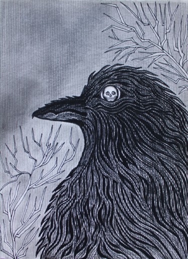 Drawing titled "RAVEN AND SKULL ART…" by Nadiia Morokhovets, Original Artwork, Graphite