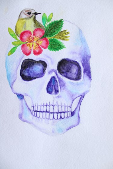 Painting titled "SKULL AND FLOWERS p…" by Nadiia Morokhovets, Original Artwork, Watercolor