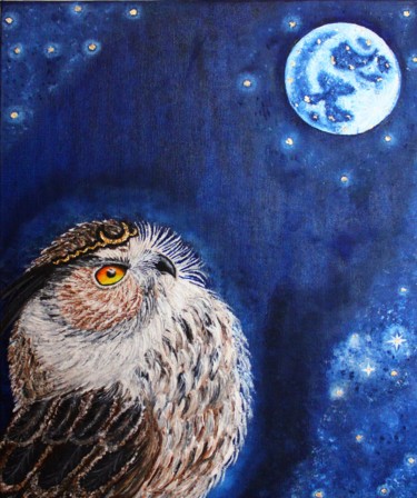 Fantasy owl art Owl and moon oil painting original canvas Peinture intitulée "Fantasy owl art Owl…" par Nadiia Morokhovets, Œuvre d'art originale, Huile