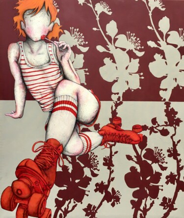 Malerei mit dem Titel "My red skates" von Roberto Fantini, Original-Kunstwerk, Acryl