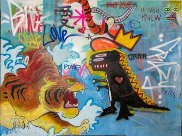 Картина под названием "Tiger vs Jean Michel" - Fara, Подлинное произведение искусства, Акрил Установлен на Деревянная рама д…