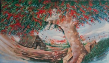 Pintura titulada "Bohio con Framboyan" por Luis Alberto Faraco, Obra de arte original, Oleo