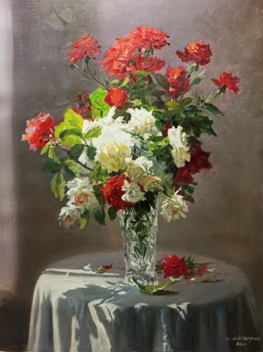 Painting titled "Roses" by Faramarz Mokhtarpour, Original Artwork, Oil