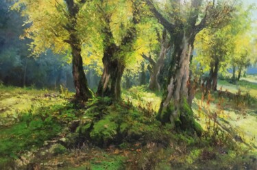 Painting titled "Green Forest" by Faramarz Mokhtarpour, Original Artwork, Oil