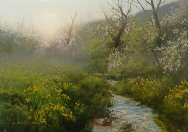 Pittura intitolato "A foggy sunrise in…" da Faramarz Mokhtarpour, Opera d'arte originale, Olio