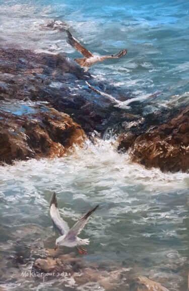 Painting titled "The Seabirds" by Faramarz Mokhtarpour, Original Artwork, Oil
