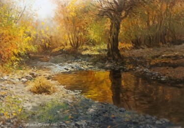 Painting titled "Riverbank In The Fa…" by Faramarz Mokhtarpour, Original Artwork, Oil