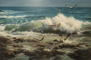 Malarstwo zatytułowany „Seabirds On The Bea…” autorstwa Faramarz Mokhtarpour, Oryginalna praca, Olej