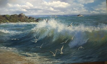 Painting titled "Vawes And Seabirds" by Faramarz Mokhtarpour, Original Artwork, Oil