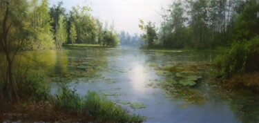 Painting titled "Silence On The Pond" by Faramarz Mokhtarpour, Original Artwork, Oil
