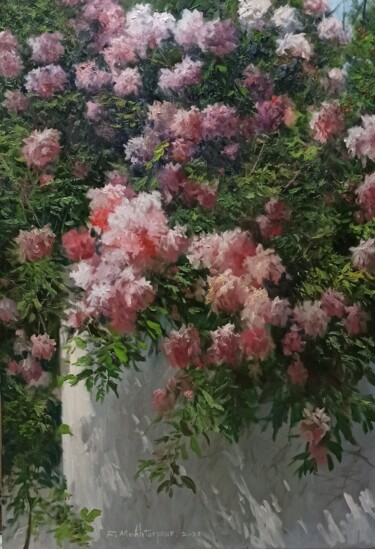 Painting titled "Roses In The Garden" by Faramarz Mokhtarpour, Original Artwork, Oil