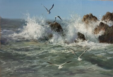 Painting titled "Flying On The Vawes" by Faramarz Mokhtarpour, Original Artwork, Oil