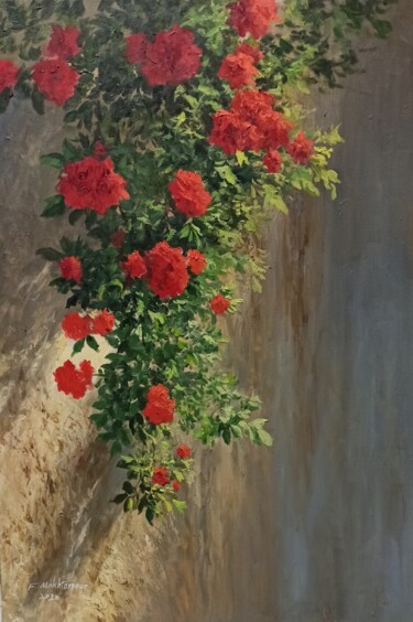 Painting titled "Roses On The Wall" by Faramarz Mokhtarpour, Original Artwork, Oil