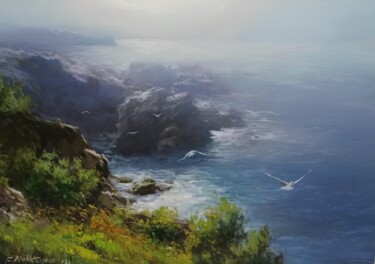 Картина под названием "On The Misty Beach" - Faramarz Mokhtarpour, Подлинное произведение искусства, Масло