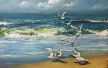 Painting titled "Playing On The Beach" by Faramarz Mokhtarpour, Original Artwork, Oil