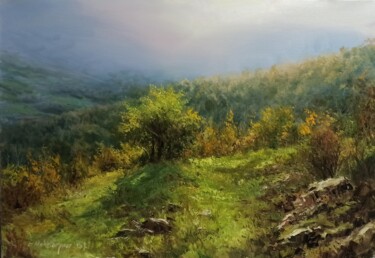 Painting titled "Green Hill" by Faramarz Mokhtarpour, Original Artwork, Oil